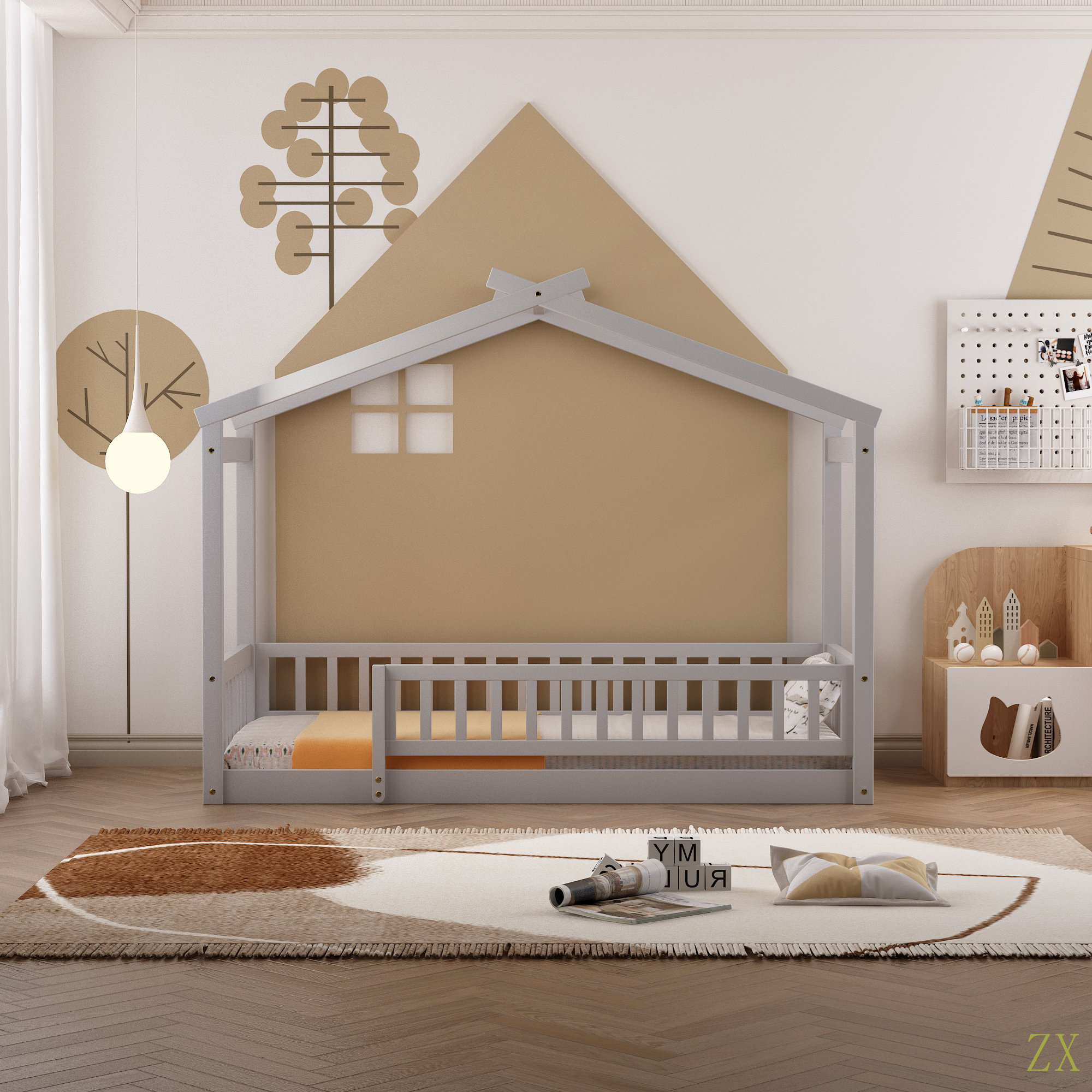 Ophelia & Co. Full Size Wood Bed House Bed Frame With Fence, For